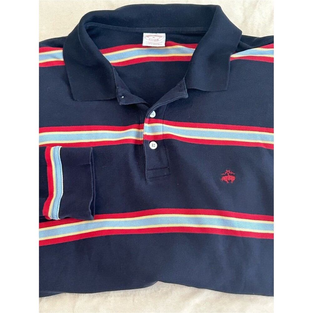 Brooks Brothers Mens XL Polo Shirt Long Sleeve Navy Blue Red Striped Pique Cotto